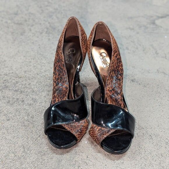 Carlos Santana Size 7.5M Twirl Leopard Print Strappy Brown Faux Suede Heels - Picture 2 of 5